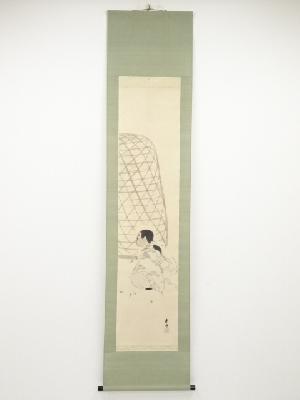 玉舎春輝筆　軍鶏　肉筆紙本掛軸（共箱）